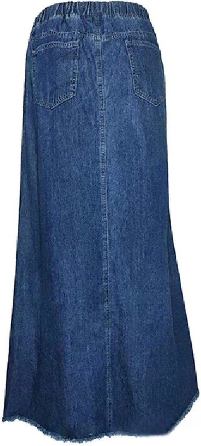 Women's Plus Size Denim Maxi Skirts with Frayed Hem, Pockets, Elastic Waist Stylish Casual Ankle Length Jean Skirt