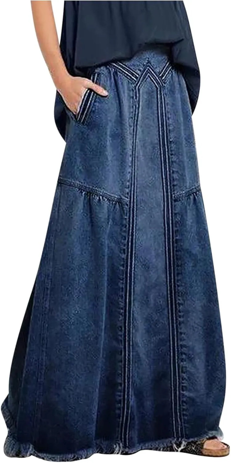 Women's Plus Size Denim Maxi Skirts with Frayed Hem, Pockets, Elastic Waist Stylish Casual Ankle Length Jean Skirt