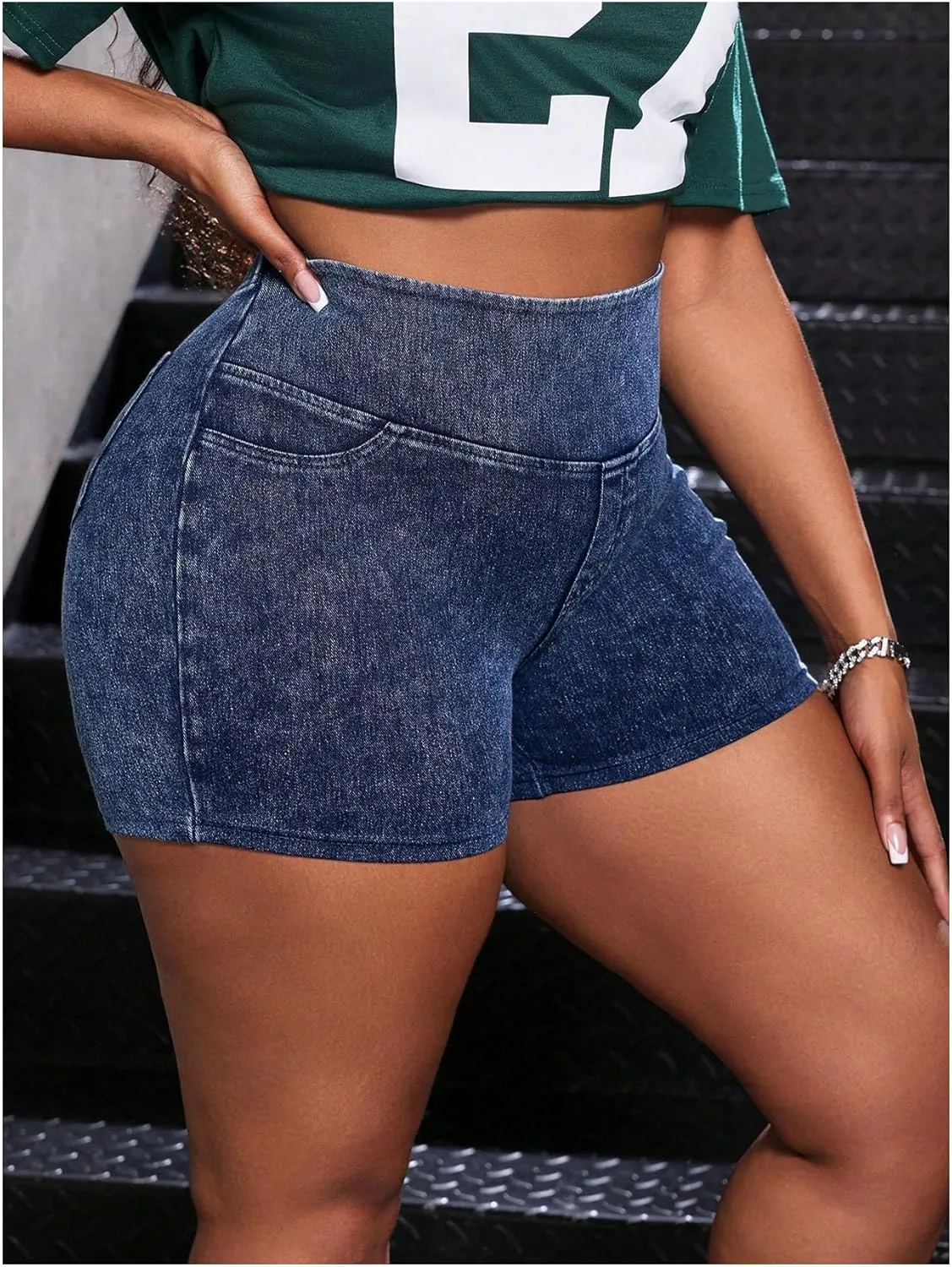 Women's Plus Size High Waisted Denim Shorts Casual Stretch Bodycon Jeans Sports Shorts with Pockets
