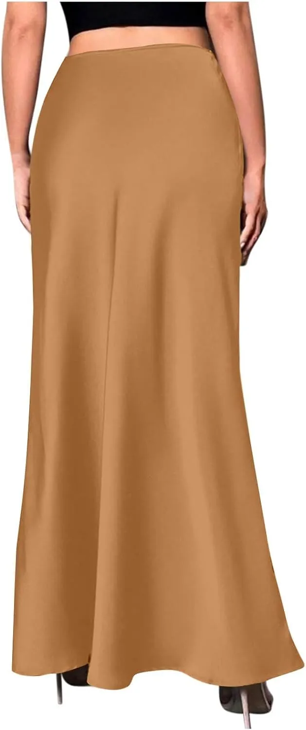 Womens Satin Silk Maxi Skirt Elegant High Waist Cocktail Party Mermaid Skirts Slim Fit Flowy Wedding Long Skirt