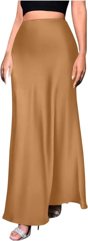 Womens Satin Silk Maxi Skirt Elegant High Waist Cocktail Party Mermaid Skirts Slim Fit Flowy Wedding Long Skirt