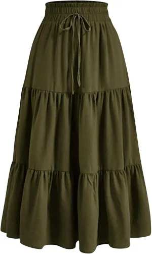 Womens Summer Casual A-Line Long Skirt Tiered High Waist Beach Outfits Elastic Waist Bohemian Print Maxi Skirt