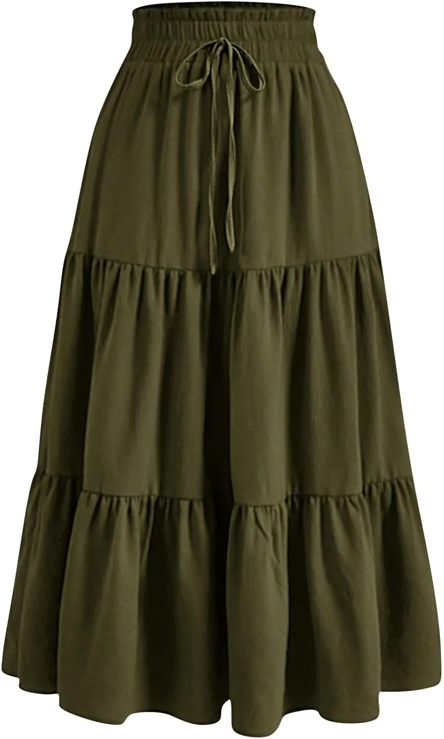 Womens Summer Casual A-Line Long Skirt Tiered High Waist Beach Outfits Elastic Waist Bohemian Print Maxi Skirt