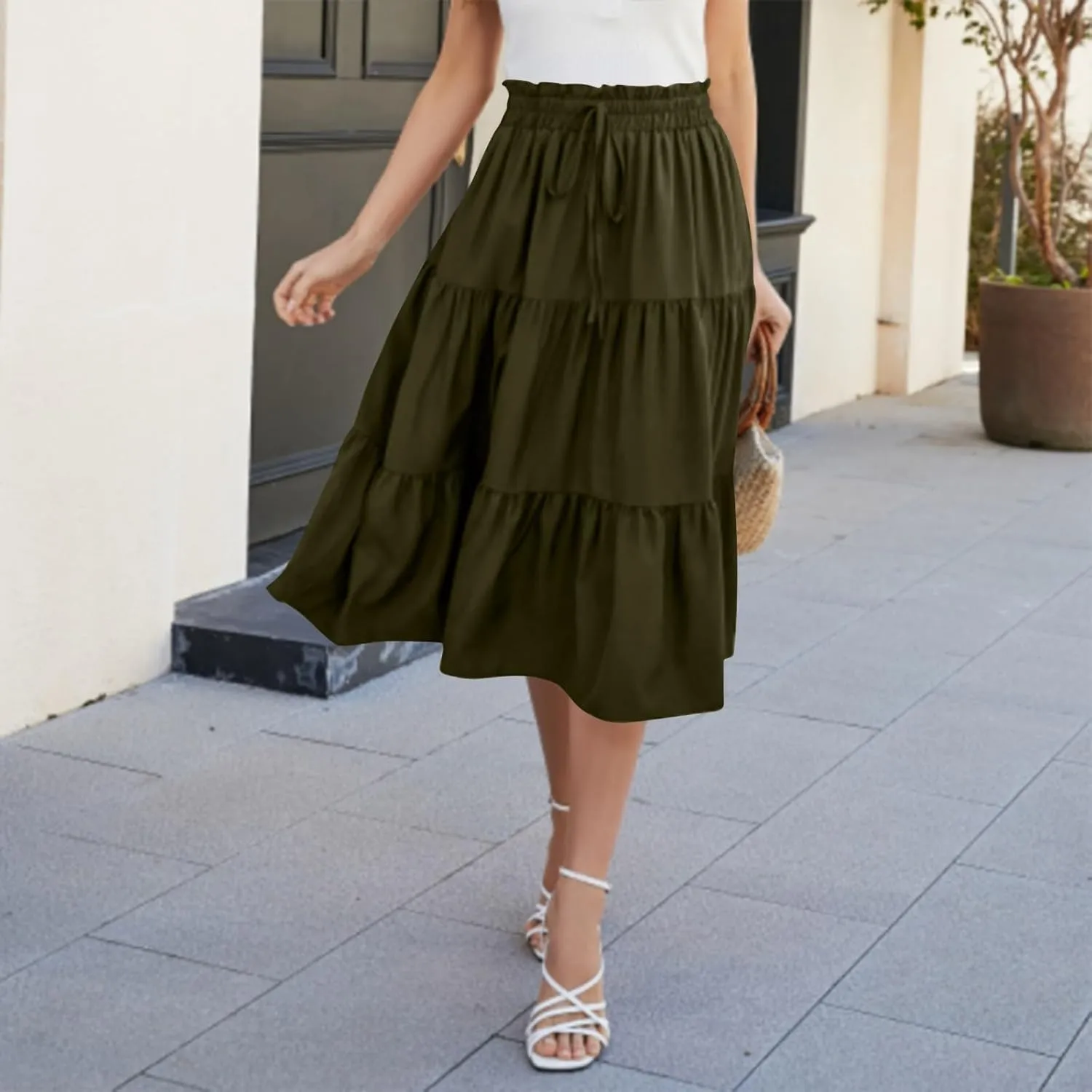Womens Summer Casual A-Line Long Skirt Tiered High Waist Beach Outfits Elastic Waist Bohemian Print Maxi Skirt