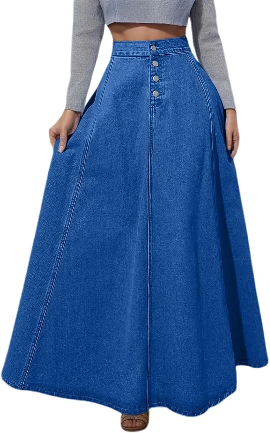 Women's Summer Casual Boho Denim Maxi Skirt High Waisted Button Fly A-Line Flared Pleated Vintage Jean Skirts