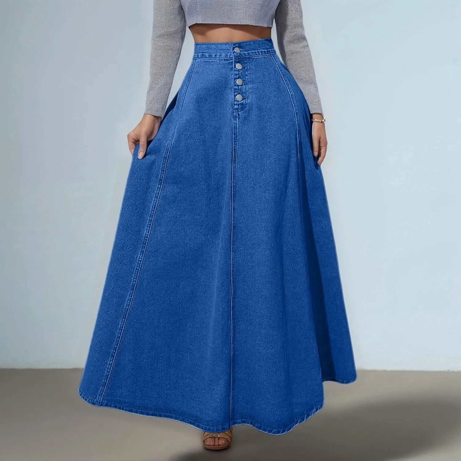 Women's Summer Casual Boho Denim Maxi Skirt High Waisted Button Fly A-Line Flared Pleated Vintage Jean Skirts
