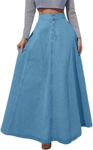 Women's Summer Casual Boho Denim Maxi Skirt High Waisted Button Fly A-Line Flared Pleated Vintage Jean Skirts