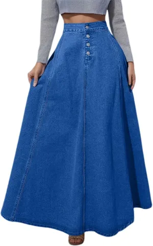 Women's Summer Casual Boho Denim Maxi Skirt High Waisted Button Fly A-Line Flared Pleated Vintage Jean Skirts