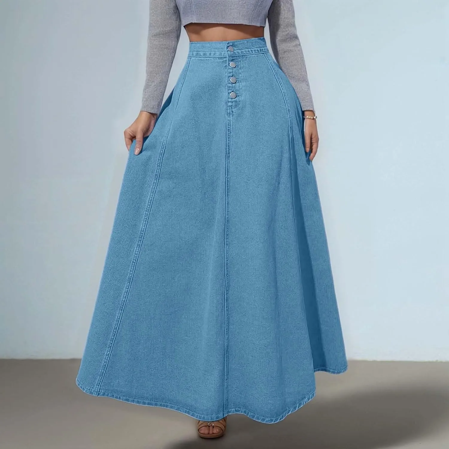 Women's Summer Casual Boho Denim Maxi Skirt High Waisted Button Fly A-Line Flared Pleated Vintage Jean Skirts