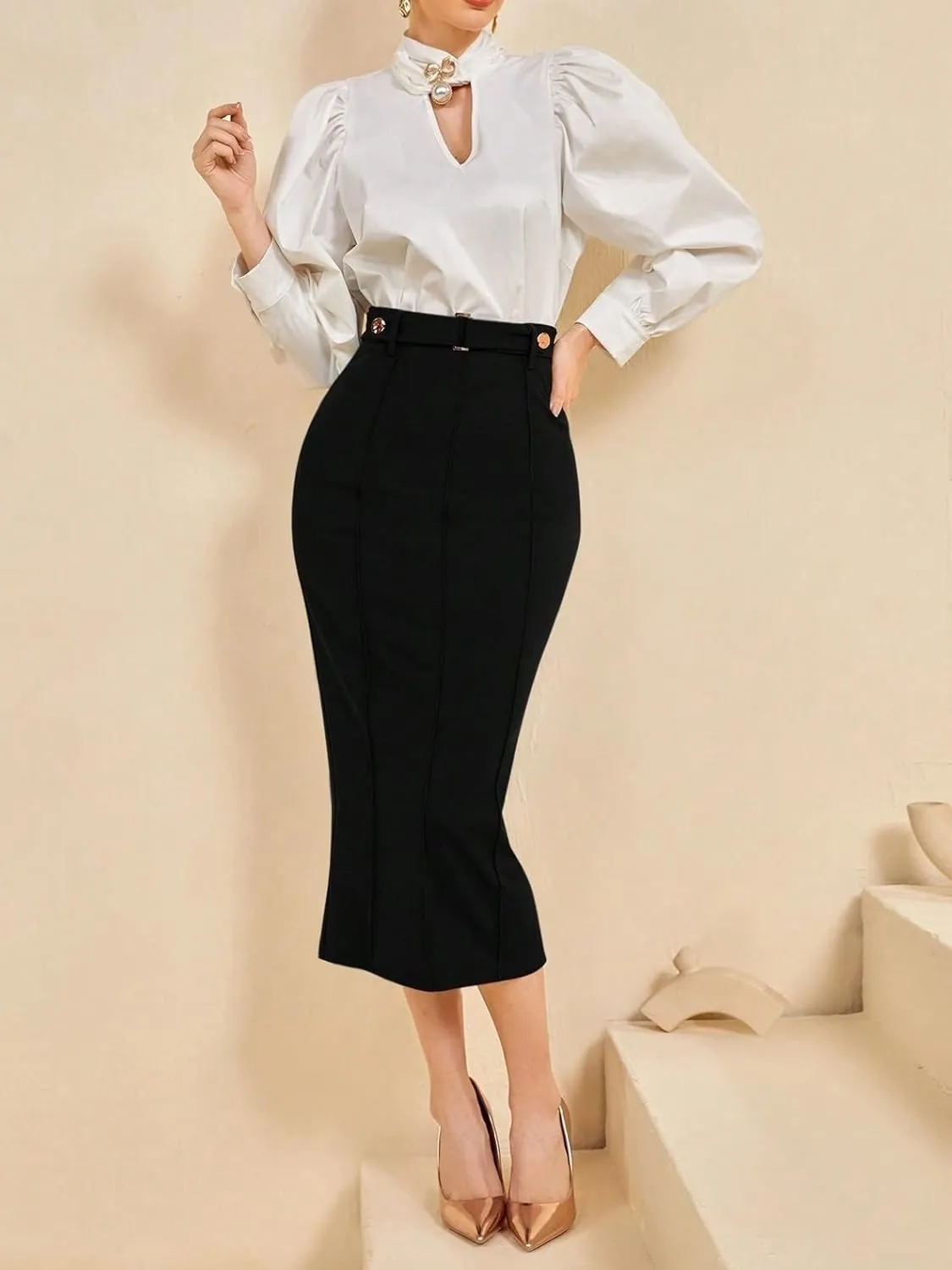 Women’s Summer Flowy Skirt Dress Button Slit Hem Pencil Long Skirt