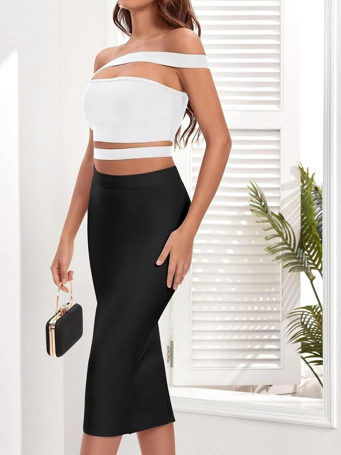 Women’s Summer Flowy Skirt Dress Zipper Back Slit Hem Pencil Midi Skirt