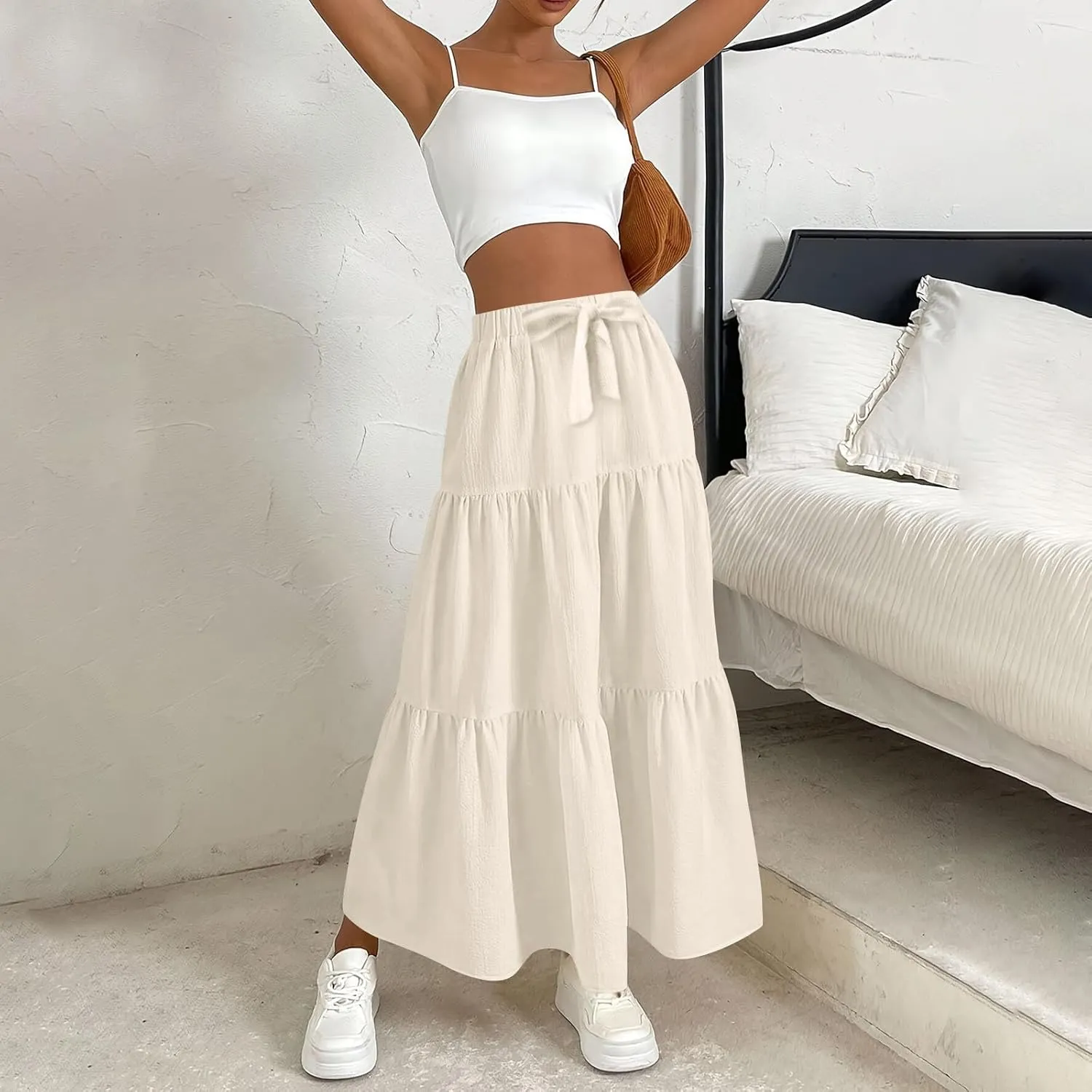 Women's Summer Flowy Swing Midi Skirts Boho High Elastic Waist Fake Drawstring Floral Print A line Casual Cute Skirt