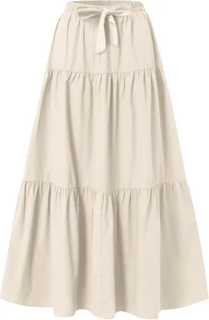 Women's Summer Flowy Swing Midi Skirts Boho High Elastic Waist Fake Drawstring Floral Print A line Casual Cute Skirt
