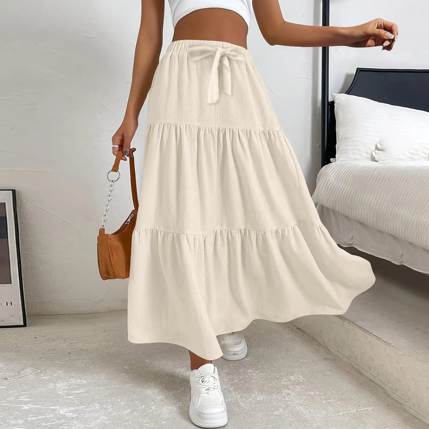 Women's Summer Flowy Swing Midi Skirts Boho High Elastic Waist Fake Drawstring Floral Print A line Casual Cute Skirt