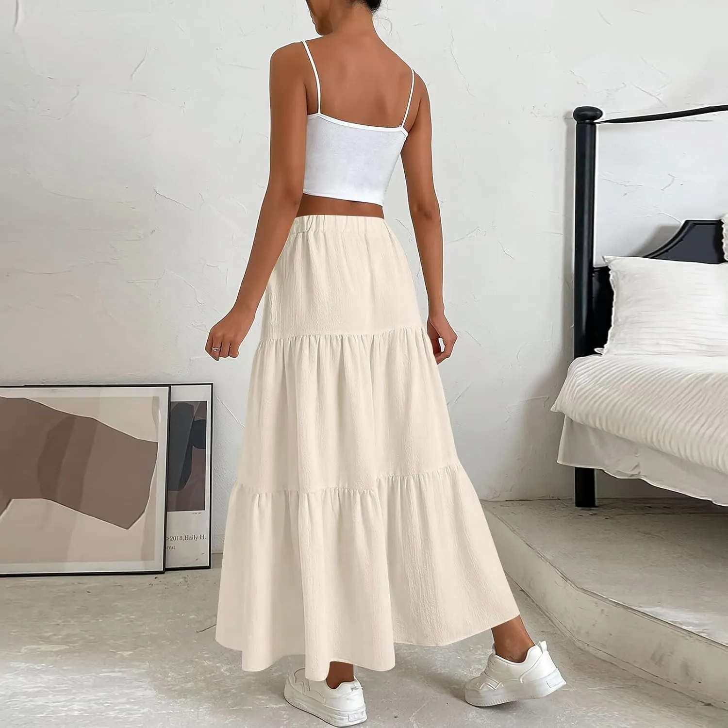 Women's Summer Flowy Swing Midi Skirts Boho High Elastic Waist Fake Drawstring Floral Print A line Casual Cute Skirt