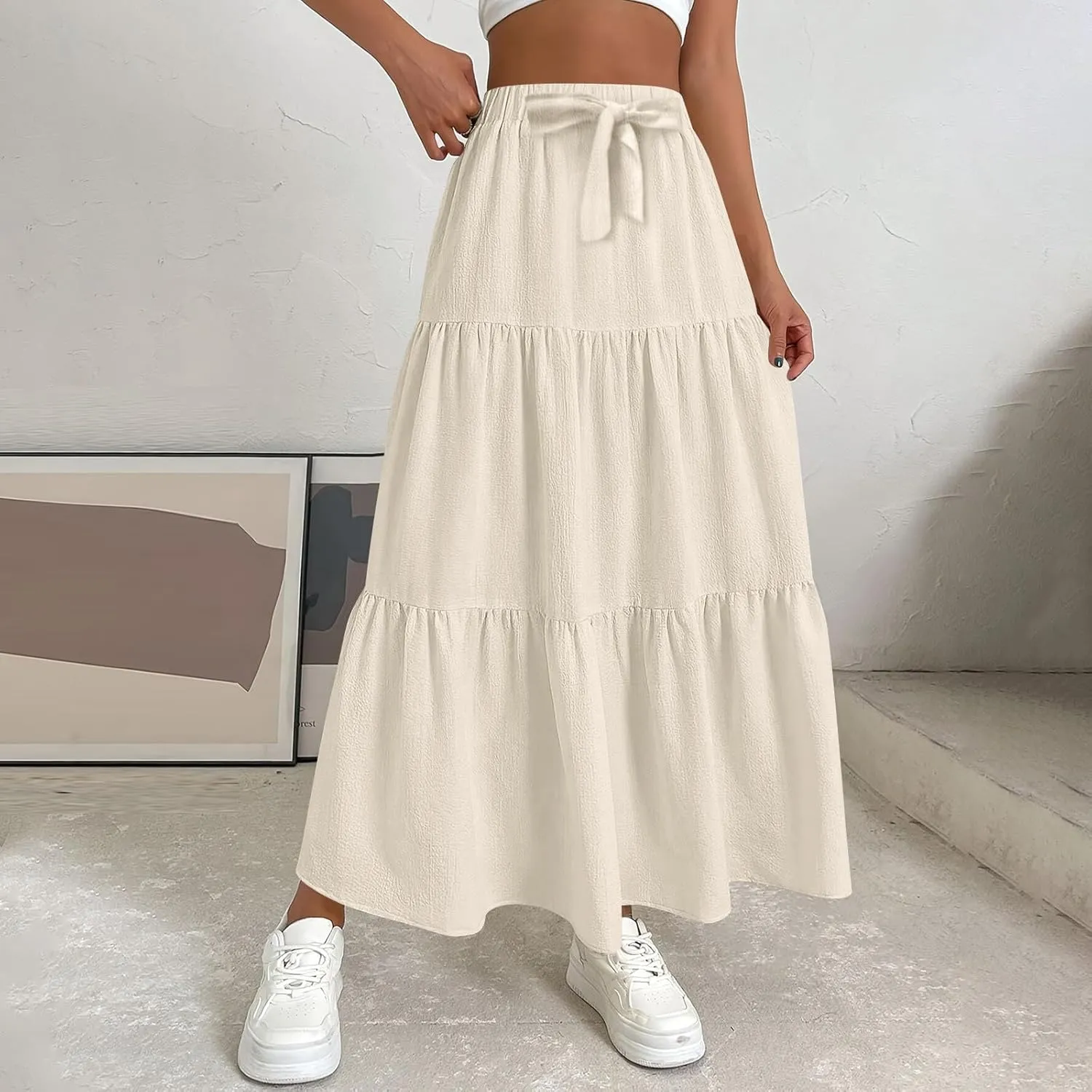 Women's Summer Flowy Swing Midi Skirts Boho High Elastic Waist Fake Drawstring Floral Print A line Casual Cute Skirt