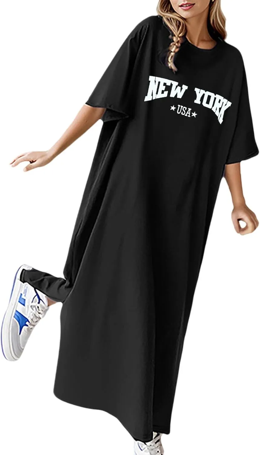 Women's Summer Loose Casual Flower Print Short Sleeve T Shirt Long Dress Women Maxi Dresses Floral