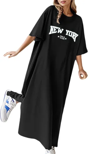 Women's Summer Loose Casual Flower Print Short Sleeve T Shirt Long Dress Women Maxi Dresses Floral