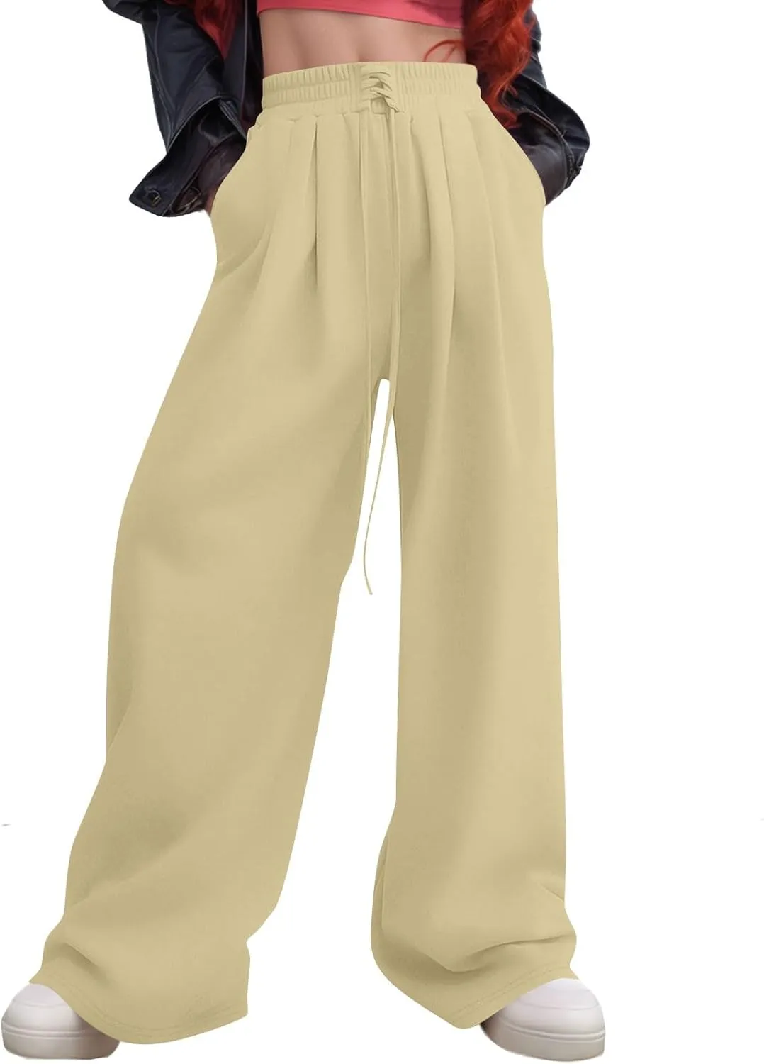 Womens Sweatpants Y2k Fleece Lined Wide Leg Joggers with Pockets Loose Fit Elastic High Waisted Workout Track Pants