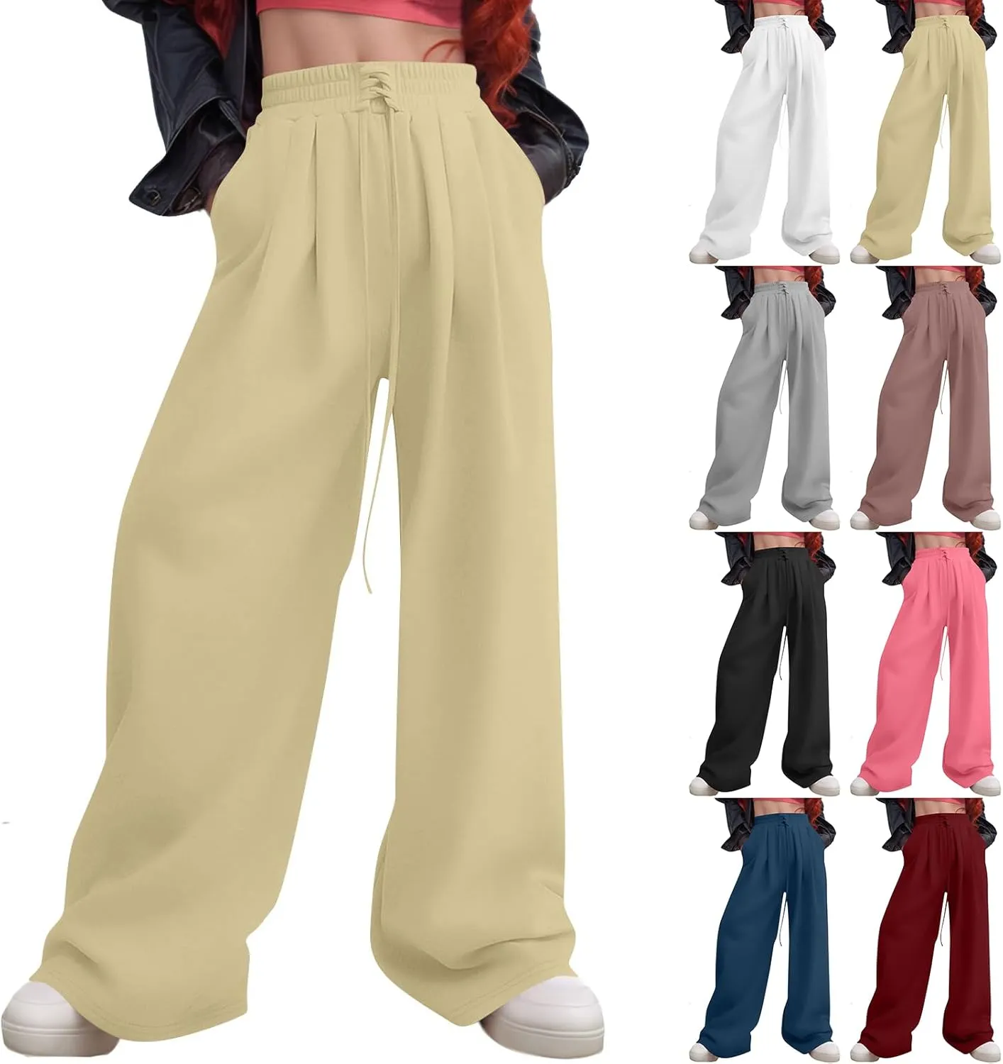 Womens Sweatpants Y2k Fleece Lined Wide Leg Joggers with Pockets Loose Fit Elastic High Waisted Workout Track Pants