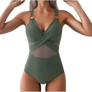 Women's Tummy Control One Piece Swimsuits Mesh Overlay V Neck Bathing Suits High Waist Slimming Trendy Swimwear