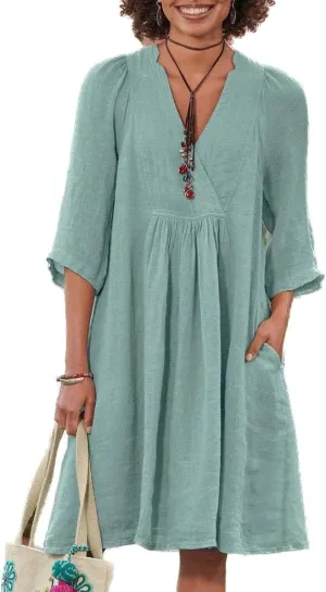 Womens V Neck Gauze Midi Summer Dress Linen Vacation Beach Loose Shift Dress