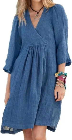 Womens V Neck Gauze Midi Summer Dress Linen Vacation Beach Loose Shift Dress
