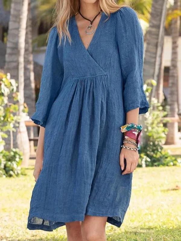 Womens V Neck Gauze Midi Summer Dress Linen Vacation Beach Loose Shift Dress
