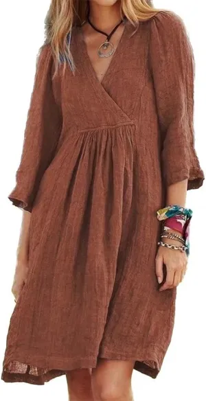 Womens V Neck Gauze Midi Summer Dress Linen Vacation Beach Loose Shift Dress
