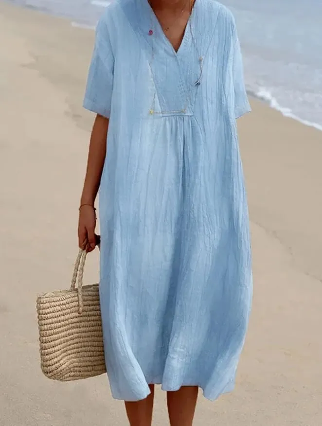 Womens V Neck Gauze Midi Summer Dress Linen Vacation Beach Loose Shift Dress