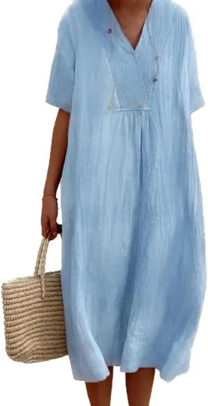 Womens V Neck Gauze Midi Summer Dress Linen Vacation Beach Loose Shift Dress