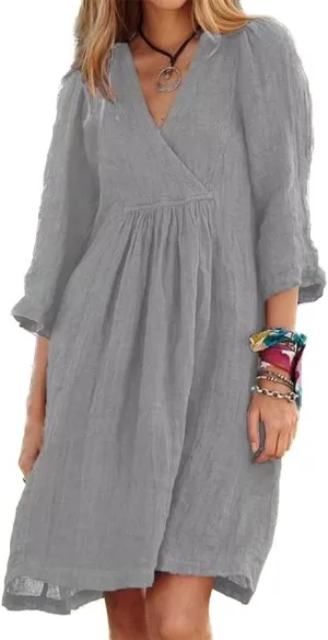 Womens V Neck Gauze Midi Summer Dress Linen Vacation Beach Loose Shift Dress