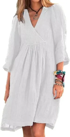 Womens V Neck Gauze Midi Summer Dress Linen Vacation Beach Loose Shift Dress