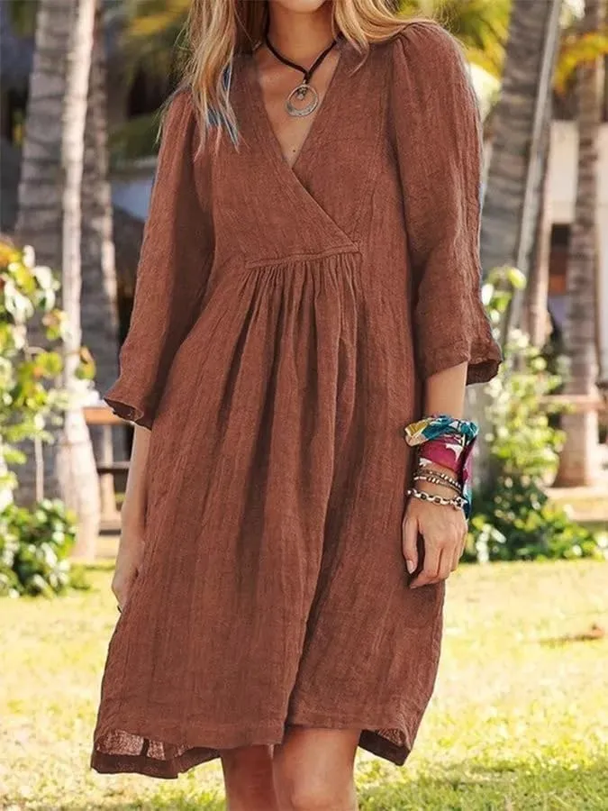 Womens V Neck Gauze Midi Summer Dress Linen Vacation Beach Loose Shift Dress
