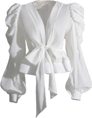Womens V Neck Puff Long Sleeve Shirt Tops Pleated Ruffles Front Lace Up Fashion Casual Blouse