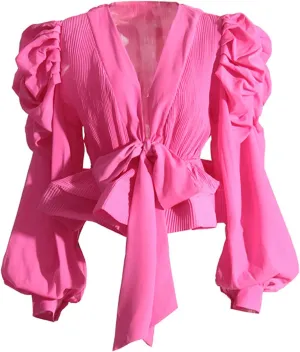 Womens V Neck Puff Long Sleeve Shirt Tops Pleated Ruffles Front Lace Up Fashion Casual Blouse