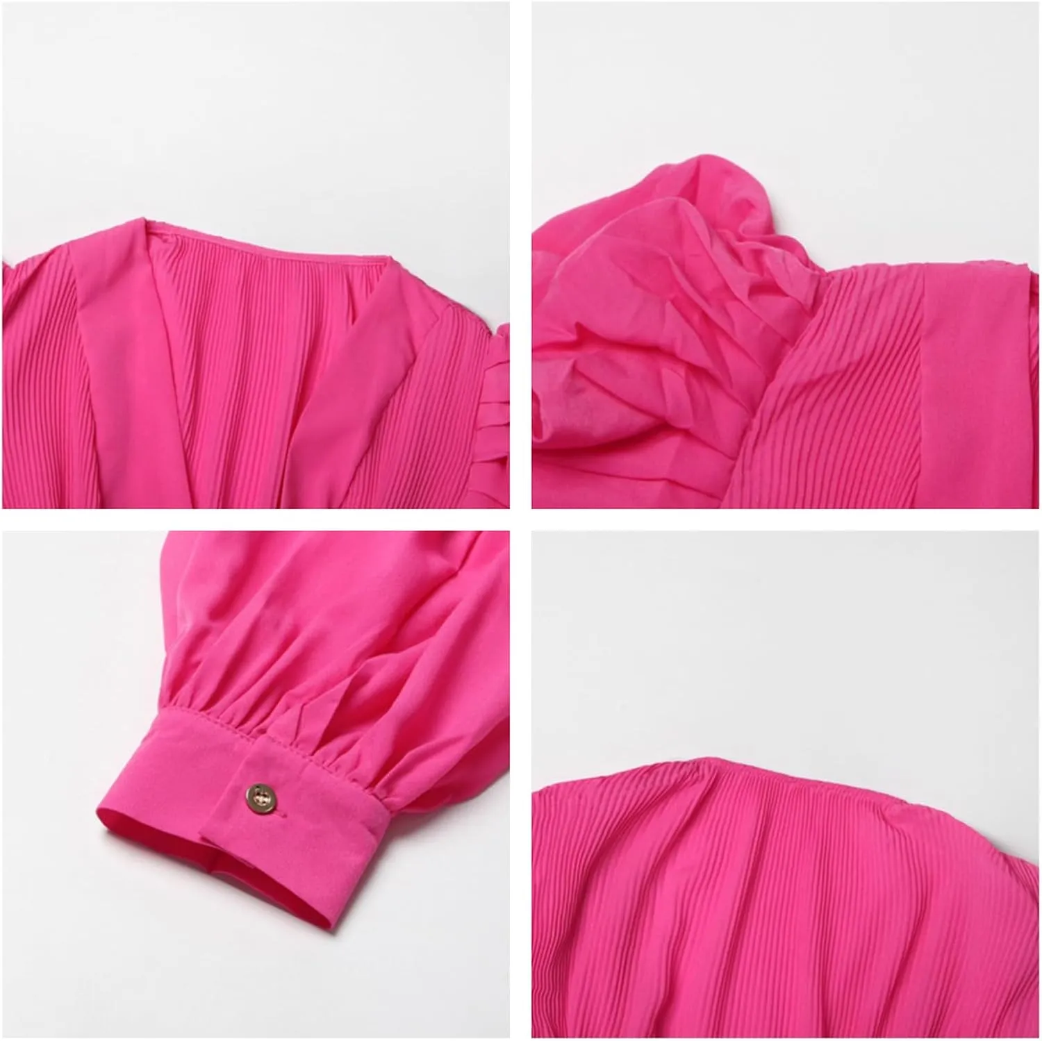 Womens V Neck Puff Long Sleeve Shirt Tops Pleated Ruffles Front Lace Up Fashion Casual Blouse