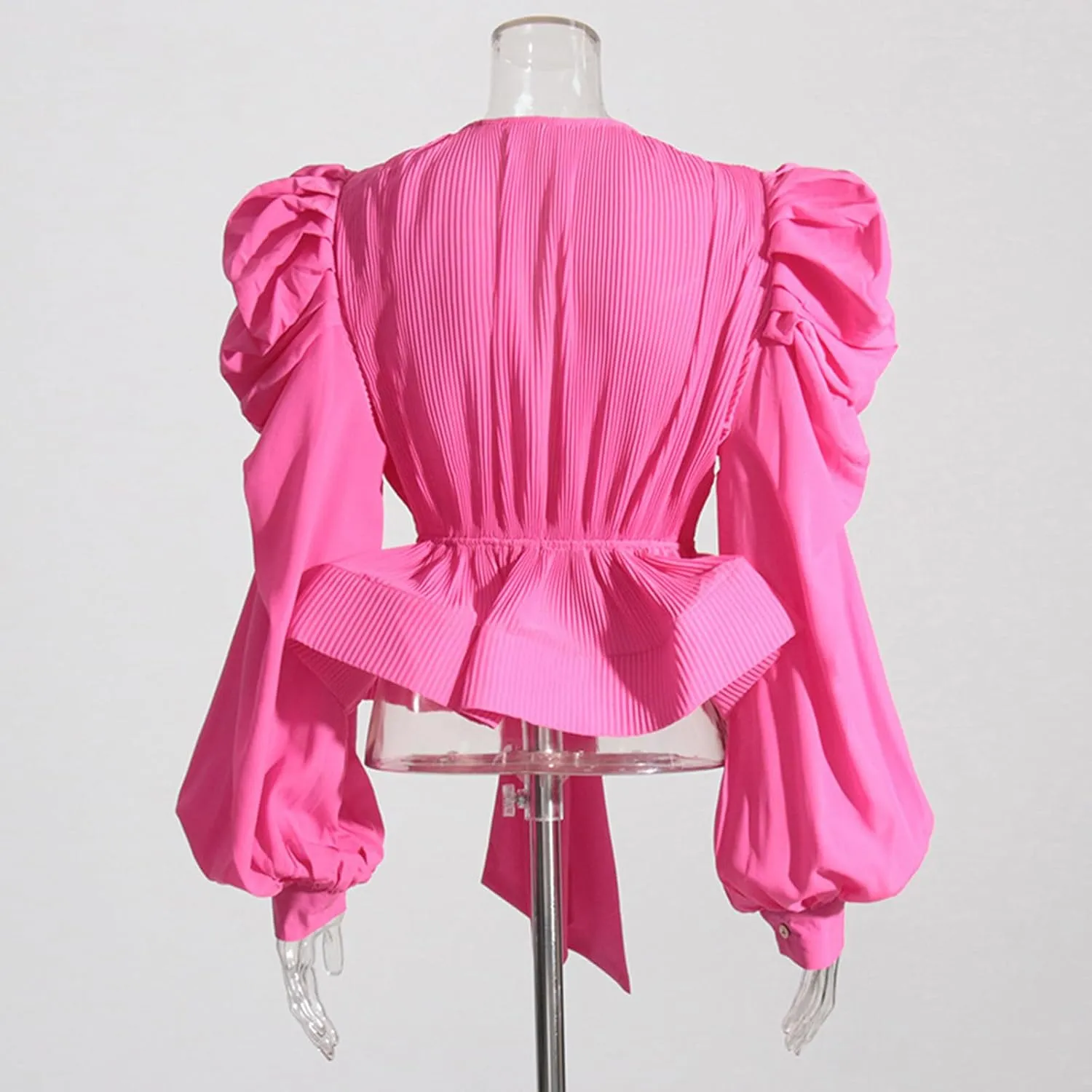 Womens V Neck Puff Long Sleeve Shirt Tops Pleated Ruffles Front Lace Up Fashion Casual Blouse