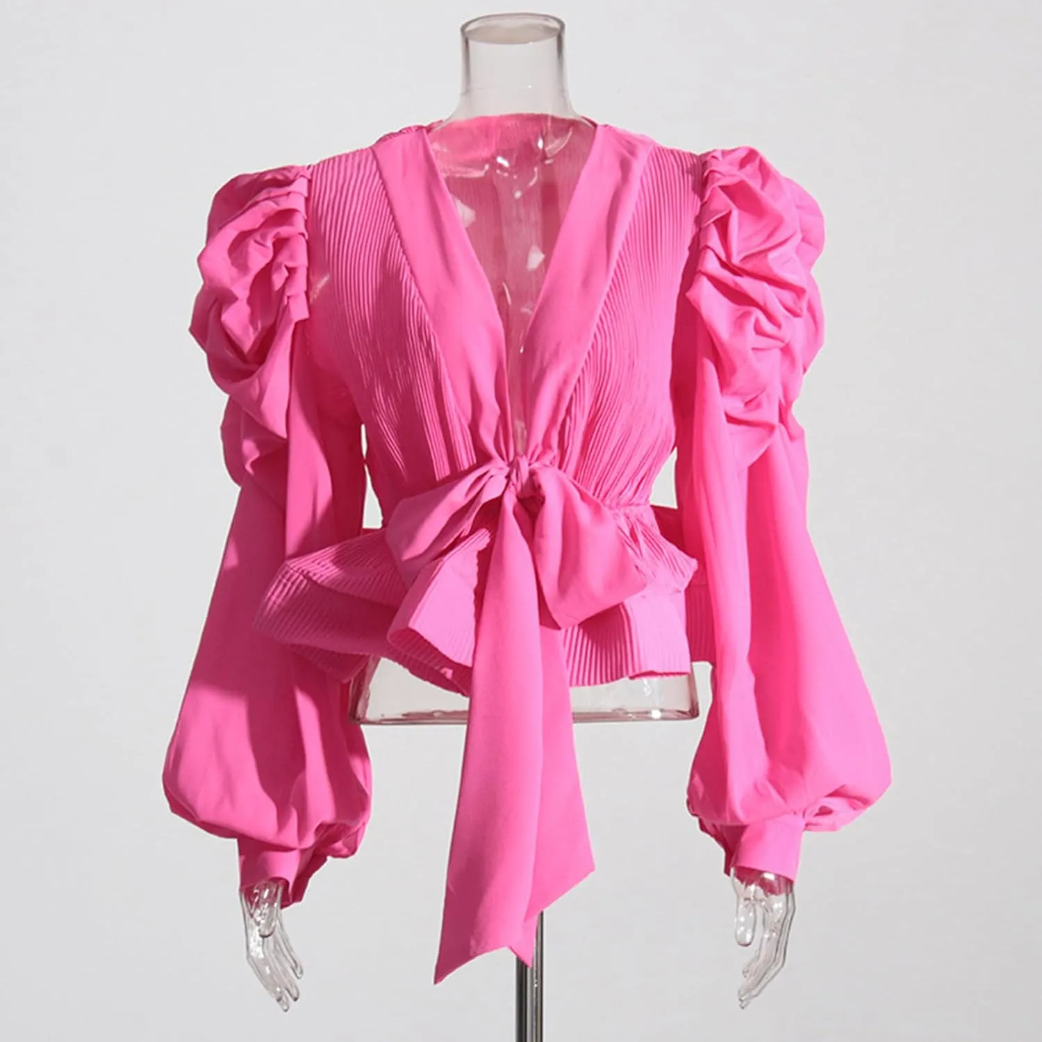 Womens V Neck Puff Long Sleeve Shirt Tops Pleated Ruffles Front Lace Up Fashion Casual Blouse