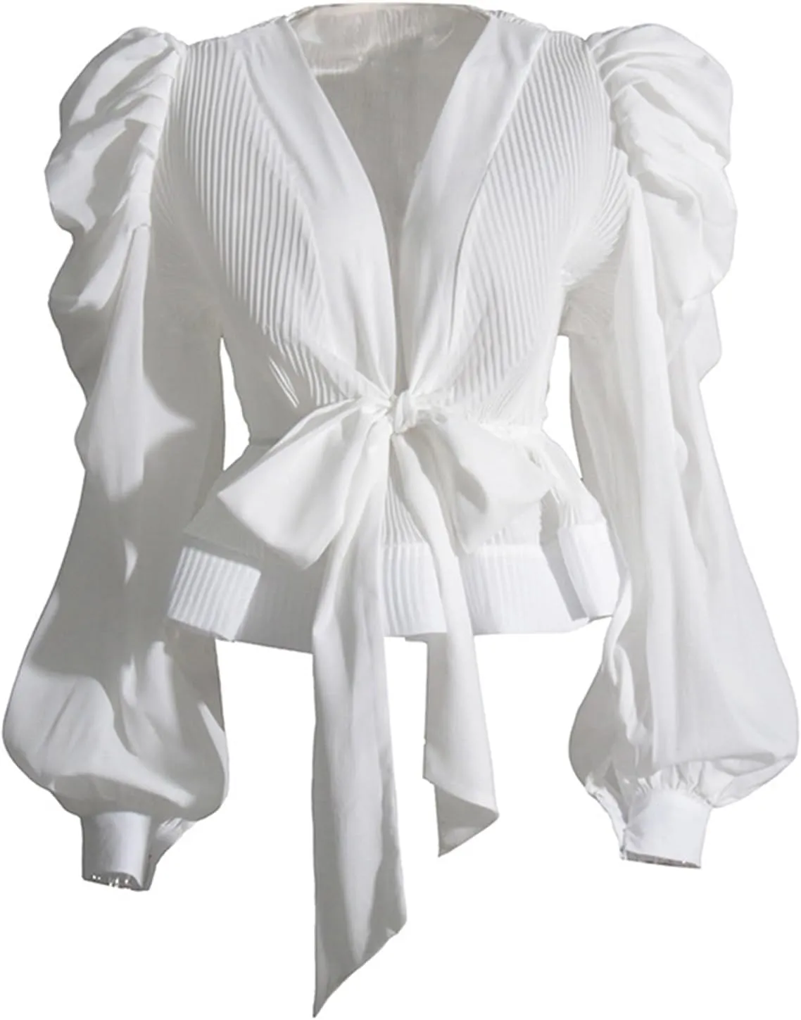 Womens V Neck Puff Long Sleeve Shirt Tops Pleated Ruffles Front Lace Up Fashion Casual Blouse