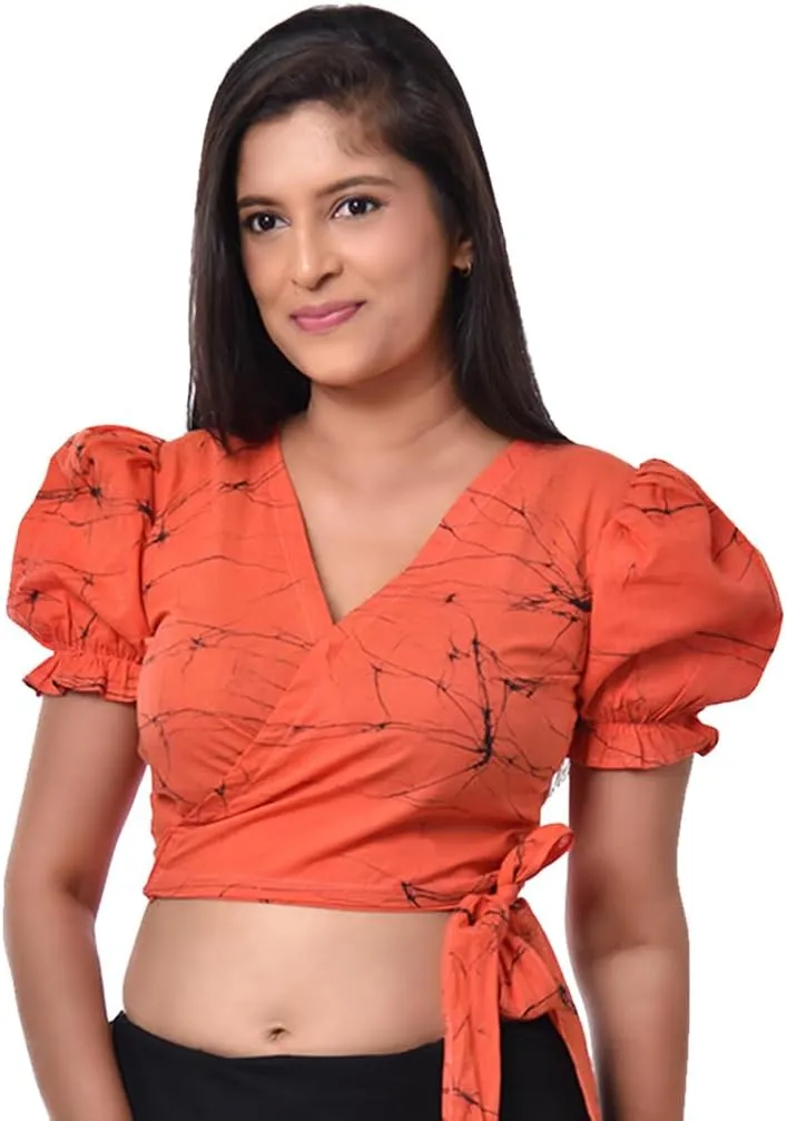 Women's Wax Batik Wrap Crop Top, V-Neck, Puff Sleeve, Casual Blouse with Side Tie