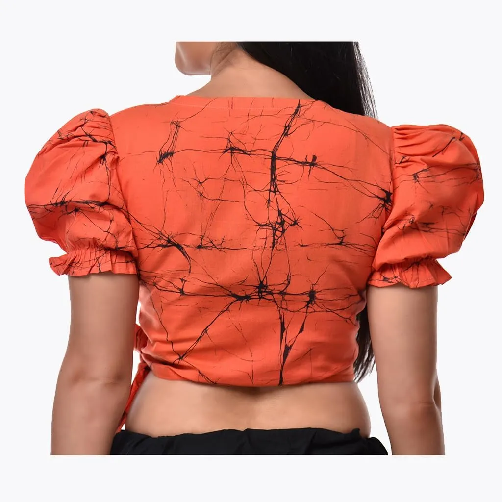 Women's Wax Batik Wrap Crop Top, V-Neck, Puff Sleeve, Casual Blouse with Side Tie