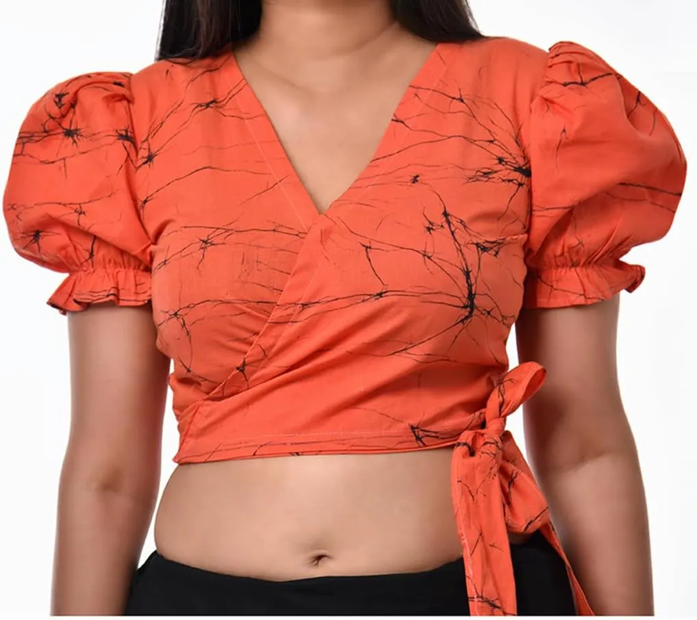 Women's Wax Batik Wrap Crop Top, V-Neck, Puff Sleeve, Casual Blouse with Side Tie