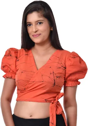 Women's Wax Batik Wrap Crop Top, V-Neck, Puff Sleeve, Casual Blouse with Side Tie