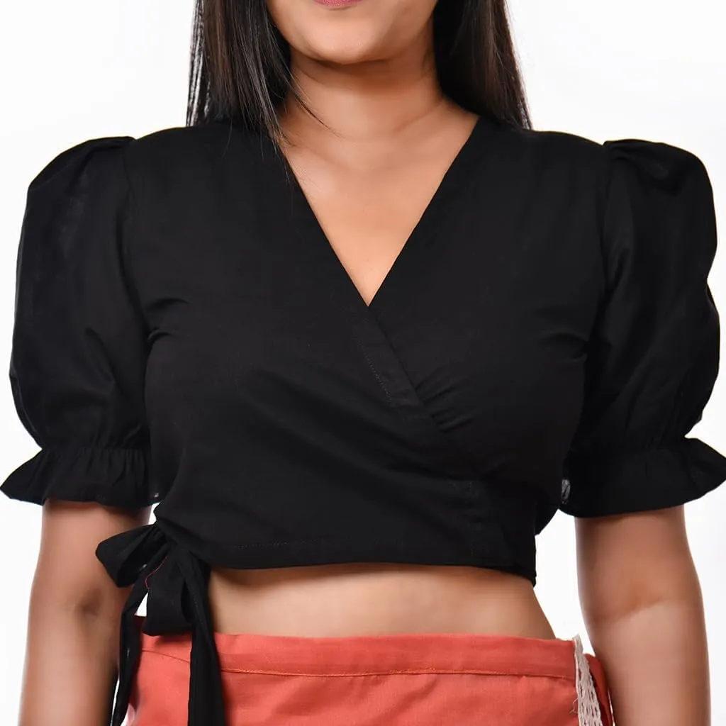 Women's Wrap Crop Top, V-Neck, Puff Sleeve, Black Casual Blouse with Side Tie