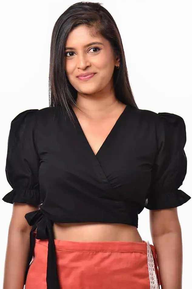 Women's Wrap Crop Top, V-Neck, Puff Sleeve, Black Casual Blouse with Side Tie