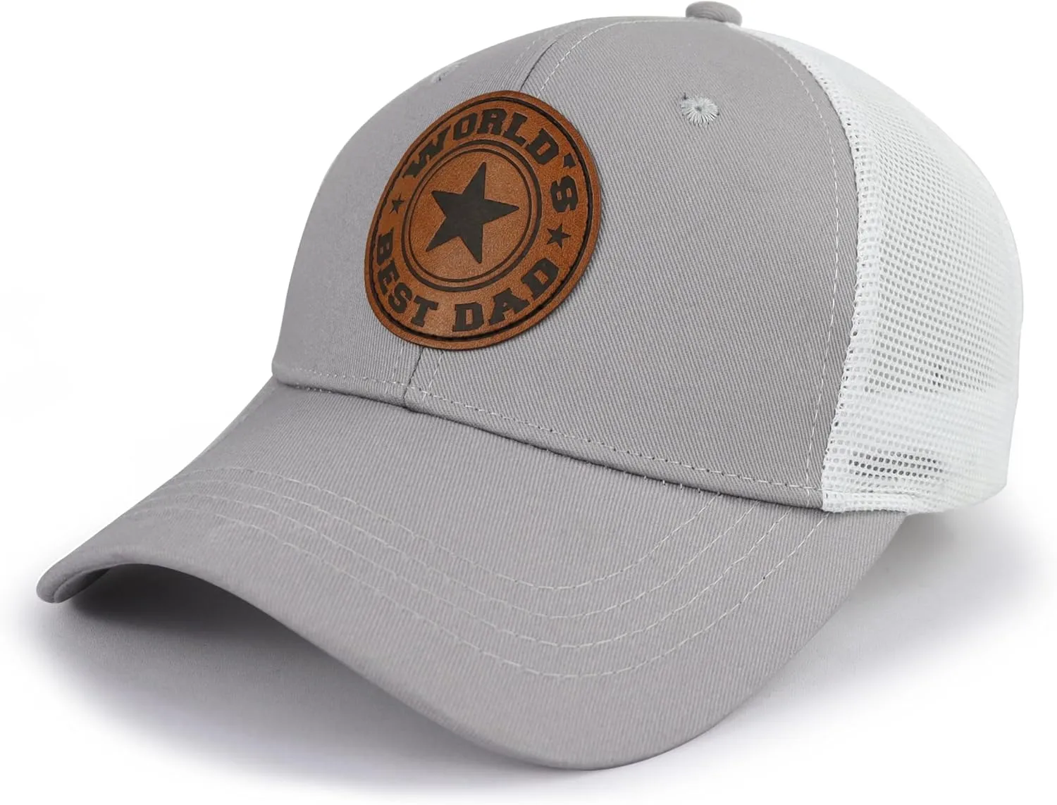 World Best Dad Ever Trucker Hat with Leather Patch, Adjustable Embroidered Washed Cotton Father Day Daddy Baseball Cap