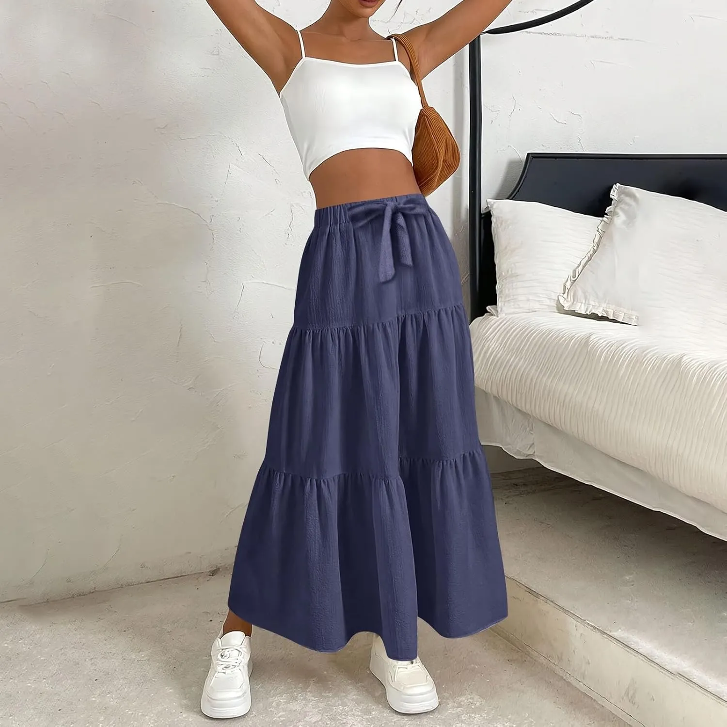 XOWRTE Women's 2025 Bohemian Long Skirts Flowy High Waist A Line Maxi Skirts for Women Summer Pleated Mini Skirts