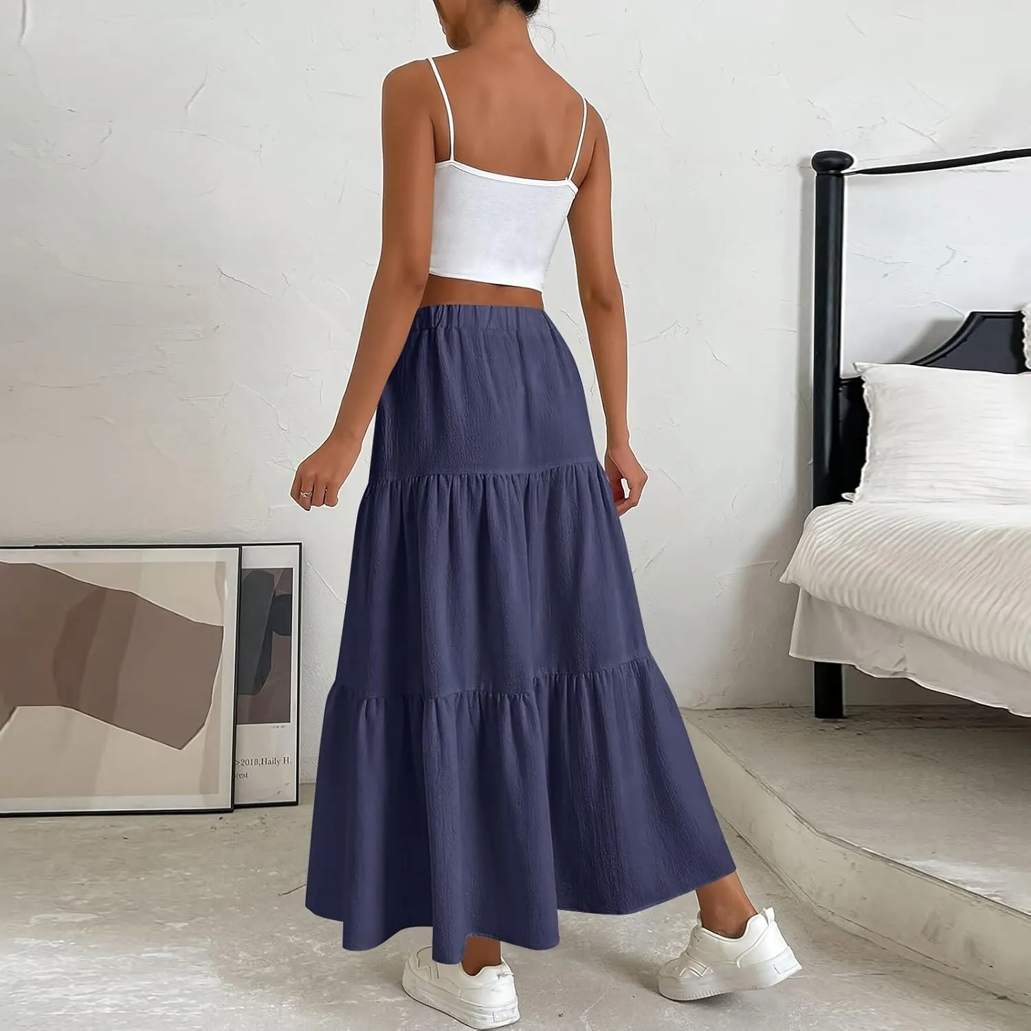 XOWRTE Women's 2025 Bohemian Long Skirts Flowy High Waist A Line Maxi Skirts for Women Summer Pleated Mini Skirts