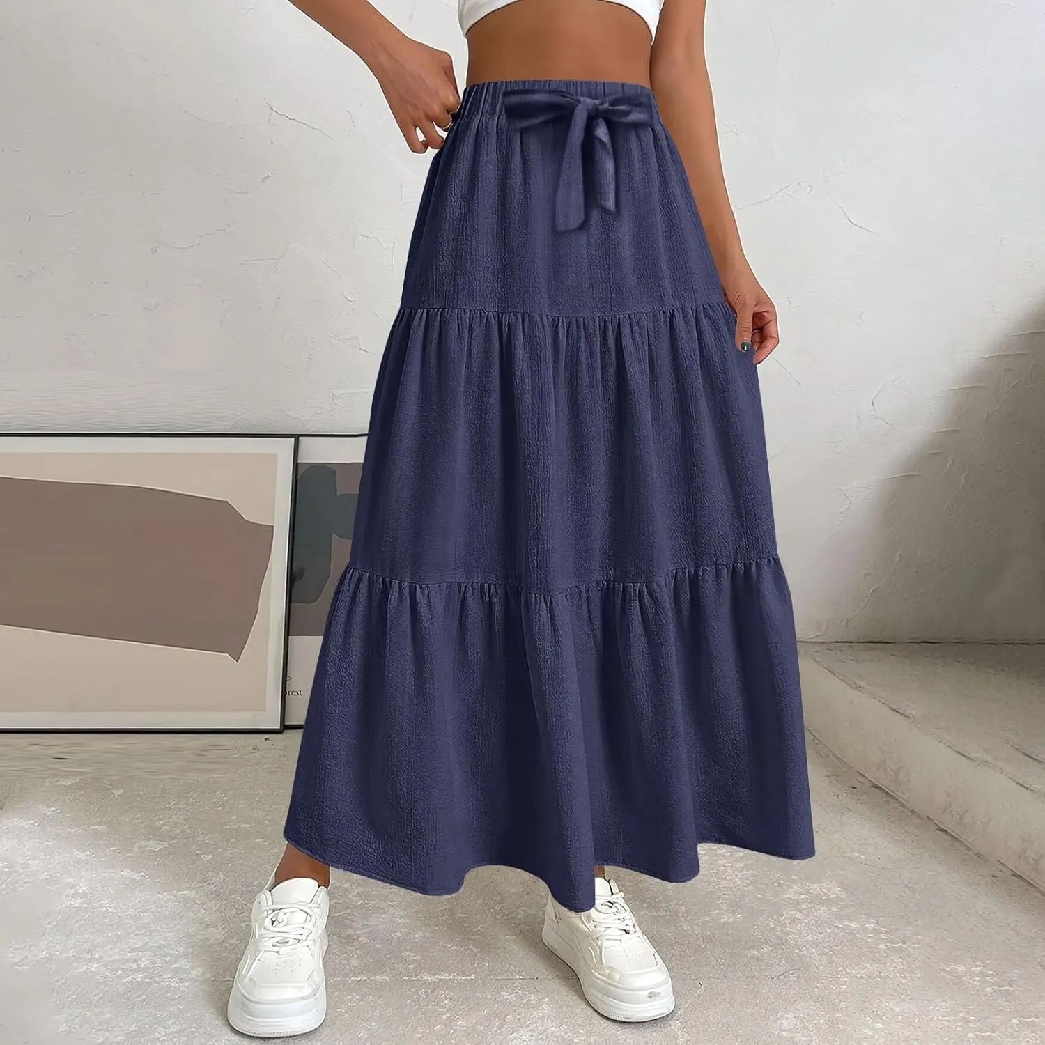 XOWRTE Women's 2025 Bohemian Long Skirts Flowy High Waist A Line Maxi Skirts for Women Summer Pleated Mini Skirts